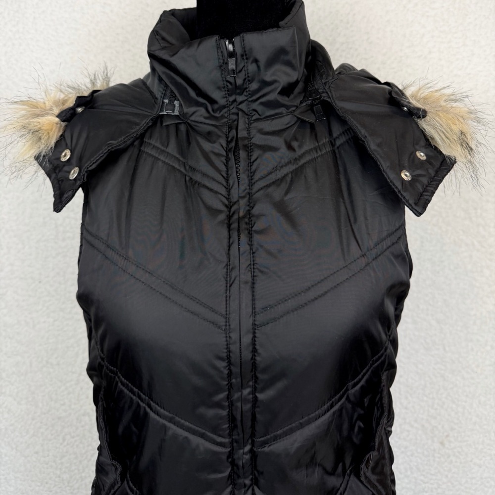 (VTG) FOREVER 21 • Black/Tan Y2K Quilted Zip-Up Vest w/ Faux Fur Trimmed Hood, S - Picture 3 of 15